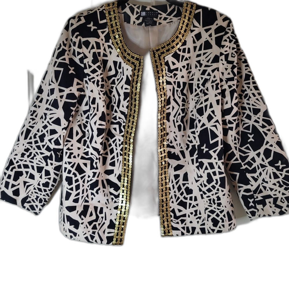 Carole Little Black & White Abstract Pattern Jacket with Gold Trim